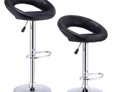 Costway Set Of 2 Bar Stools Adjustable Round Cushion PU Leather Barstools Swivel Pub Chairs Black